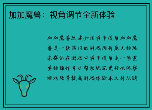 加加魔兽：视角调节全新体验